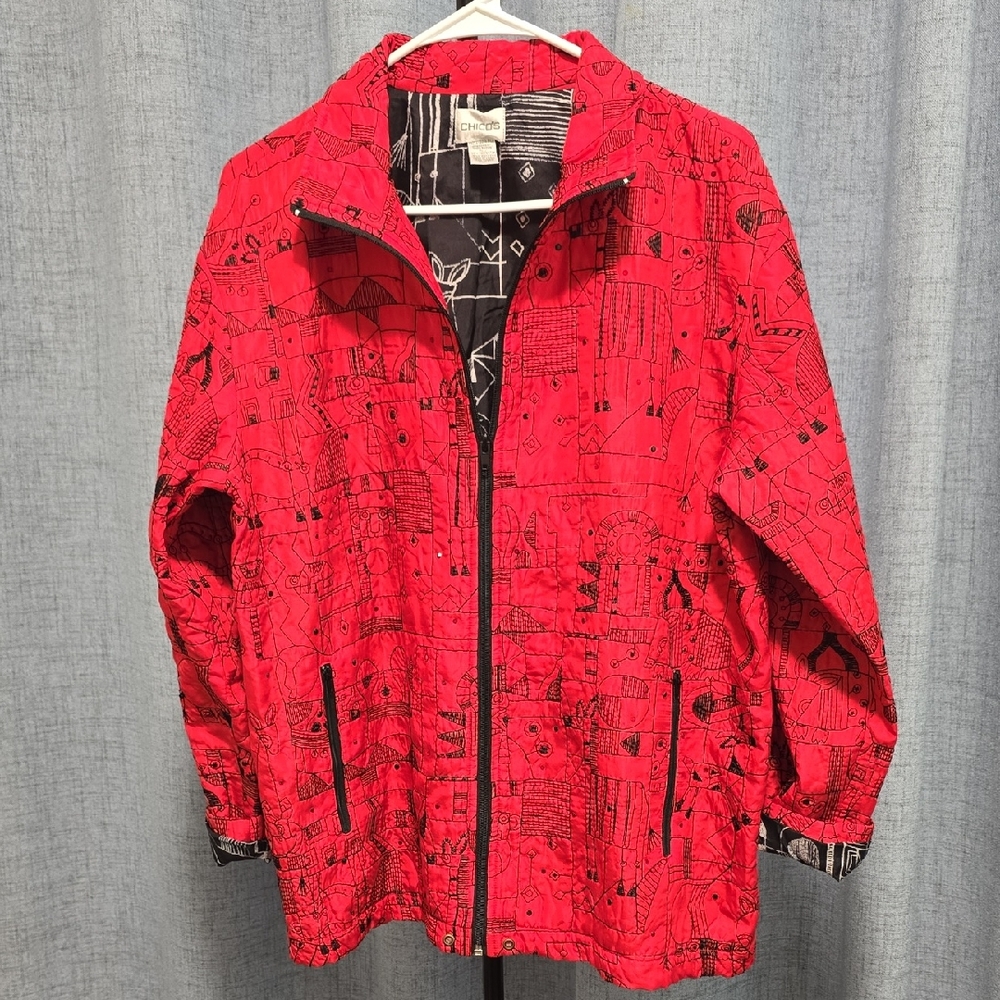 Chico's Red Women's Silk Jacket Grapgic Abstract‎ Animals Size 10